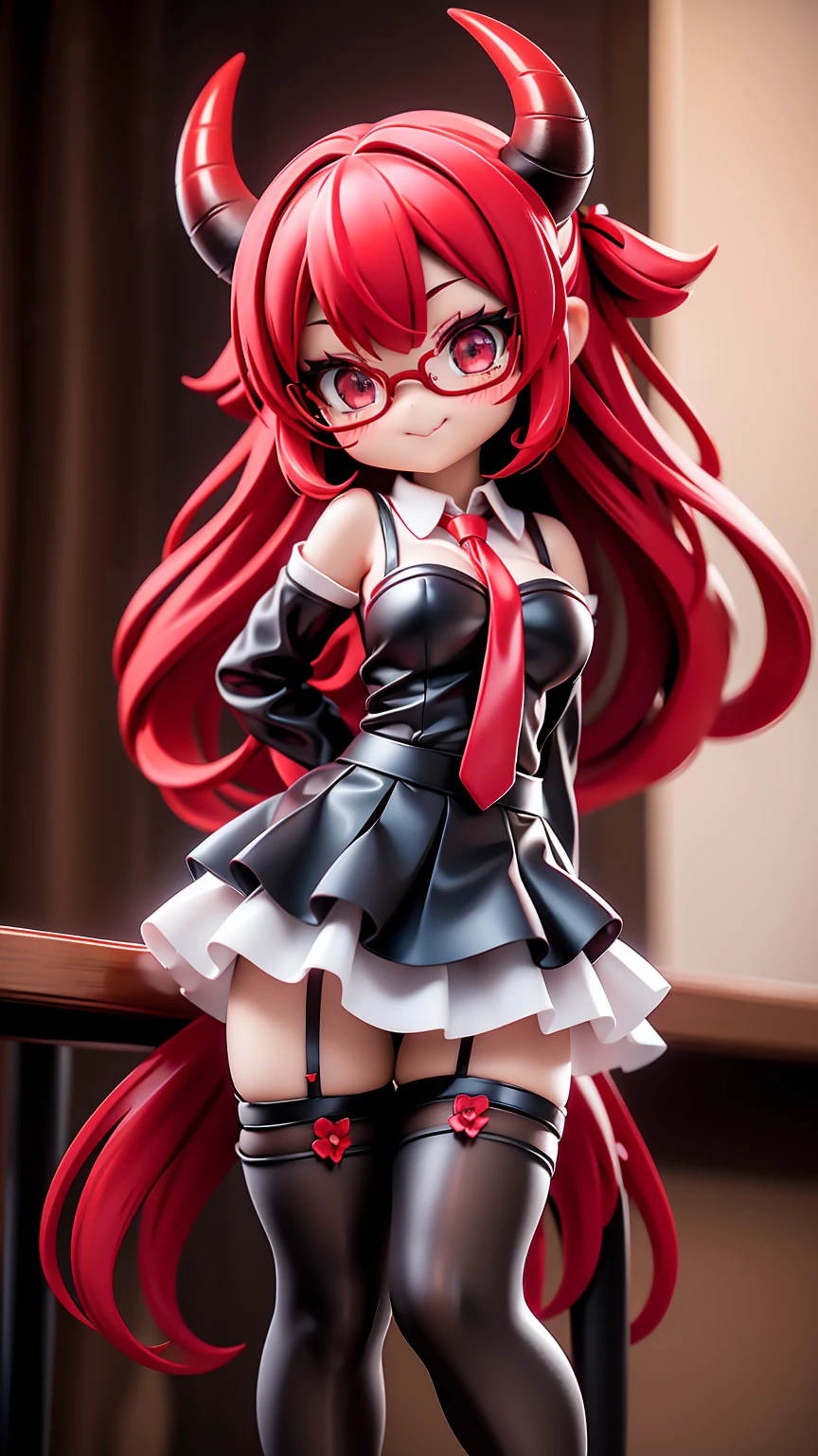 work, best quality, girl, red demon, oni, horns, little devil, a little scary, spooky, long hair alternative, bob hair, red hair, bow hair, aqua eyes, glasses, teacher, teacher unigorm, seductive smile, Tongue, black eyes, long eyelashes, big breasts, There is a mole on the chest, White shirt, black skirt, high heeled, shoe, period, hair ribbon, flower ribbon, hair_ribbon, hair_ribbon, hair_flower, tall, ((stockings opaque:1.4))