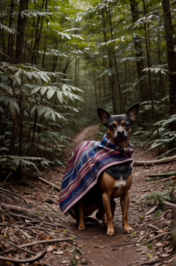 A tlachihuil in a foggy forest with blanket clothing