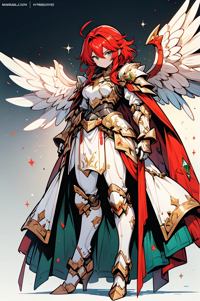 female archangel valkirie knight, full body art, red hair, white skin, emerald eye, knight full plate adorned armor, white cape, perfectly detailed, plasma wings.