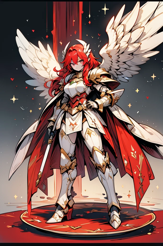 female archangel valkirie knight, full body art, red hair, white skin, emerald eye, knight full plate adorned armor, white cape, perfectly detailed, plasma wings.
