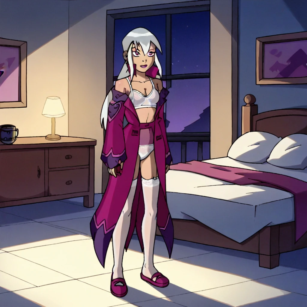 score_9,  charmcaster, ben 10, bedroom, night, standing, white hair, purple eyes, pink and white lingerie, pink slippers, no coat, see through stockings, bare arms, bare shoulders, coat off, 1girl, solo