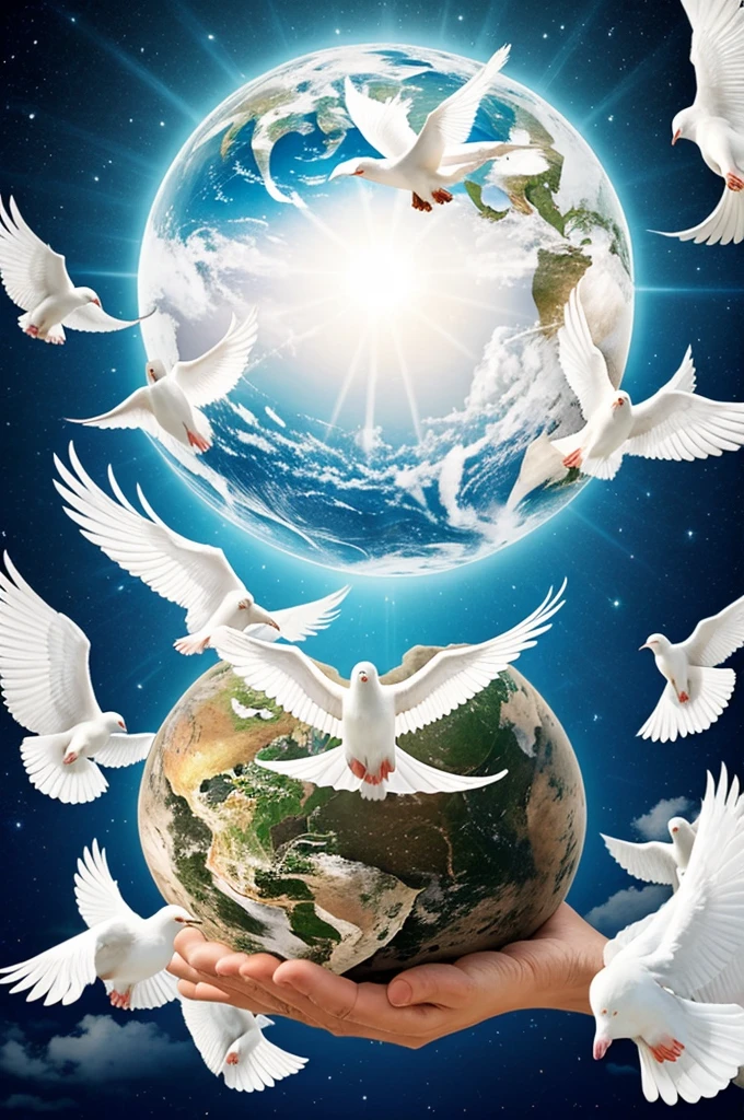 On a majestic background without any type of text there must be: From the base, some hands holding the Bible, the world emerges above the Bible, and above the world the white dove, which is the Holy Spirit..