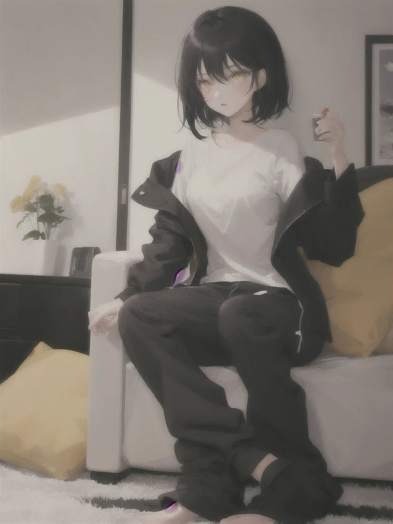 1girl, Black cut hair, yellow eyes, black pijamas,