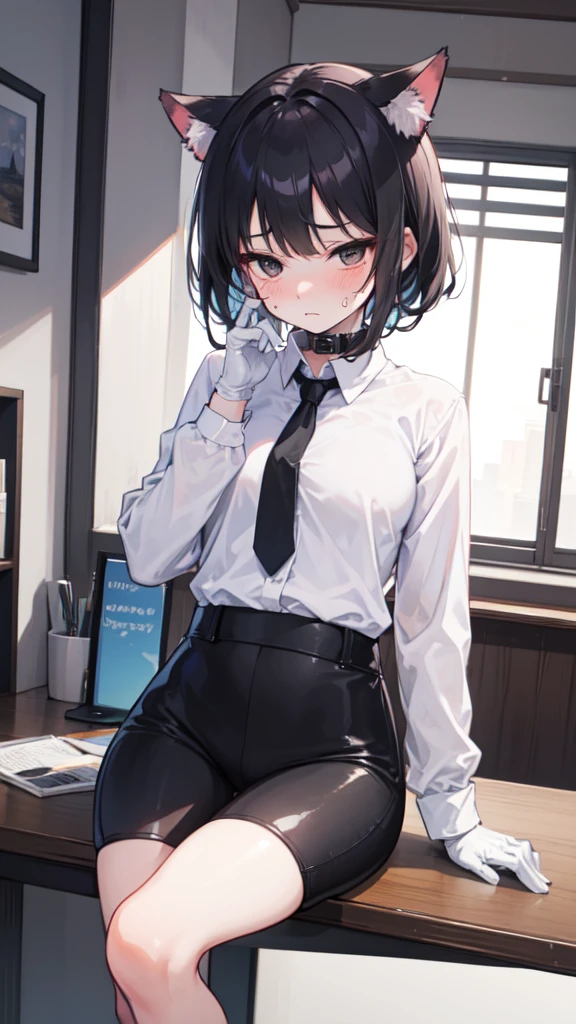 18-year-old girl,cute,Wear a white long-sleeved shirt and a black work tie,Wear black pants,Wear black booties,Wear white gloves,wear cat ear,Wearing a collar,Black hair,Black eyes,Very thin waist,Very thin legs,Handsome,Disdainful and cold expression,shy,blush,scared,Sweating,tired,Outflow semen,Is giving sexual assault,Glove removal action,pornography