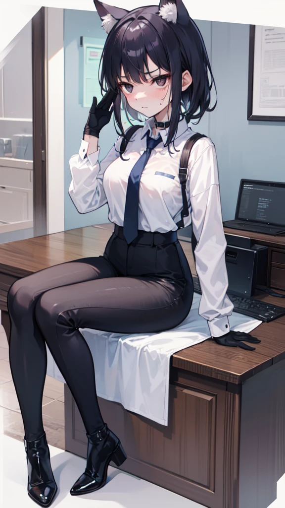 18-year-old girl，cute，Wear a white long-sleeved shirt and a black work tie，Wear black pants，Wear black booties，Wear white gloves，wear cat ear，Wearing a collar，Black hair，Black eyes，Very thin waist，Very thin legs，Handsome，Disdainful and cold expression，shy，blush，scared，Sweating，tired，Outflow semen，Is giving sexual assault，Glove removal action，pornography