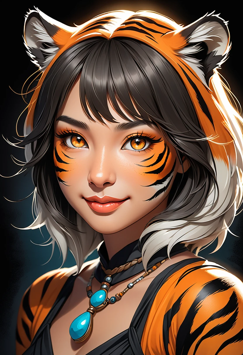 Create an realistic illustrated, hand-drawn, full-color image of an anthropomorphic tiger women. The artwork should be rendered in the style of "Breath of the Wild," featuring warm lighting and shadows. Include graphite shading, stencil marks, and airbrushed acrylic paint effects. dress. Long orange and black stripped hair. The image should be of the highest quality, a masterpiece with intricate details. The tiger women should have a female, humanoid, appearance. She should have luscious lips, a wide smile, and bright, expressive eyes, exuding beauty, cuteness, and adorableness. Ensure the image is high resolution and sharply detailed, with a detailed and vibrant background. Incorporate mystical lighting in the background, creating a romantic and enchanting atmosphere.