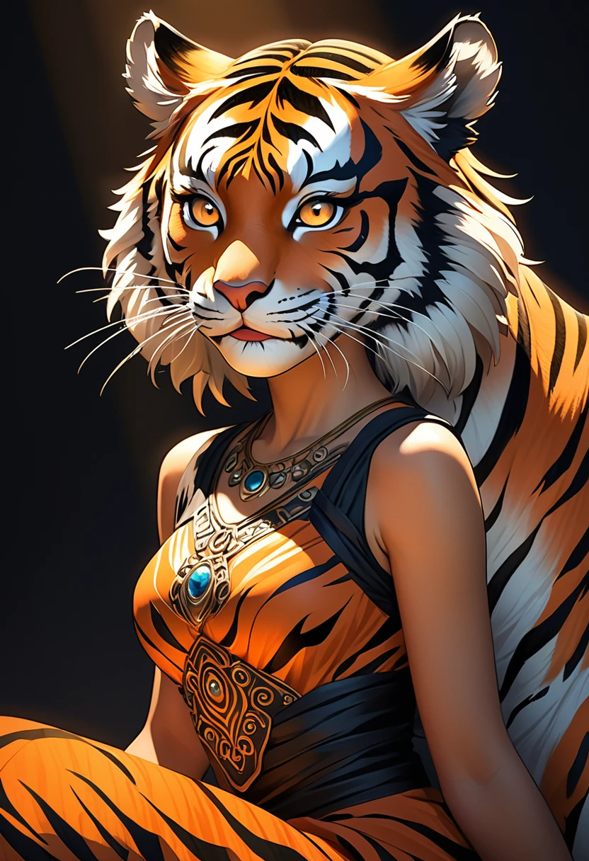 Create an realistic illustrated, hand-drawn, full-color image of an anthropomorphic tiger women. The artwork should be rendered in the style of "Breath of the Wild," featuring warm lighting and shadows. Include graphite shading, stencil marks, and airbrushed acrylic paint effects. dress. Long orange and black stripped hair. The image should be of the highest quality, a masterpiece with intricate details. The tiger women should have a female, humanoid, appearance. She should have luscious lips, a wide smile, and bright, expressive eyes, exuding beauty, cuteness, and adorableness. Ensure the image is high resolution and sharply detailed, with a detailed and vibrant background. Incorporate mystical lighting in the background, creating a romantic and enchanting atmosphere.
