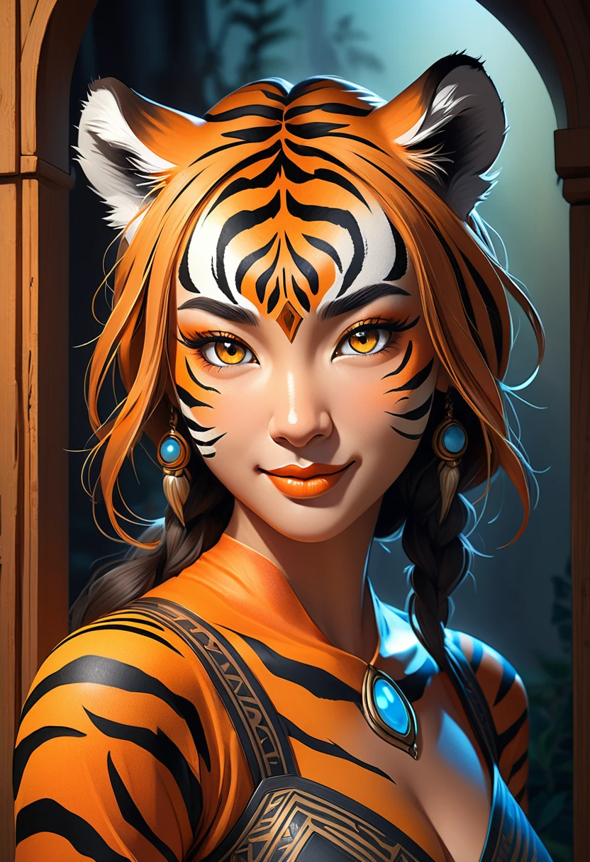 Create an realistic CGI photo of a anthropomorphic tiger women.  Long orange and black striped hair. The photo should be of the highest quality, a masterpiece with intricate details. The tiger women should have a female, humanoid, appearance, with a vaugly human face. She should have luscious lips, a wide smile, and bright, expressive eyes, exuding beauty, cuteness, and adorableness. Ensure the image is high resolution and sharply detailed, with a detailed and vibrant background. Incorporate mystical lighting in the background, creating a romantic and enchanting atmosphere. regal. noble.
