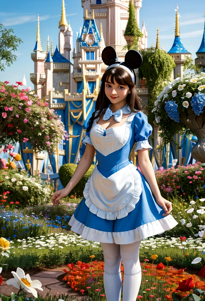 (masterpiece), (best quality), (extremely detailed), alice liddell, blue dress, white apron, black hairband, white long socks, cute pose, in a flower garden, (((disney castle at the background))), (blue sky), (sunny day), 3d. Illustration, Good Highlights, Perfect Proportions, dynamic, Professional, Award winning, (high detailed skin), (high detailed face), photorealistic, HDR, ultra highres, absurdres, perfect body shape, cute smiling, realistic figure, sexy posing, teaser standing,  