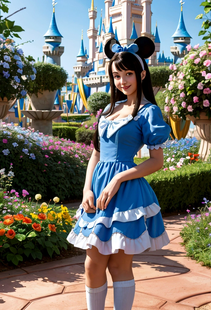 (masterpiece), (best quality), (extremely detailed), alice liddell, blue dress, white apron, black hairband, white long socks, cute pose, in a flower garden, (((disney castle at the background))), (blue sky), (sunny day), 3d. Illustration, Good Highlights, Perfect Proportions, dynamic, Professional, Award winning, (high detailed skin), (high detailed face), photorealistic, HDR, ultra highres, absurdres, perfect body shape, cute smiling, realistic figure, sexy posing, teaser standing,  