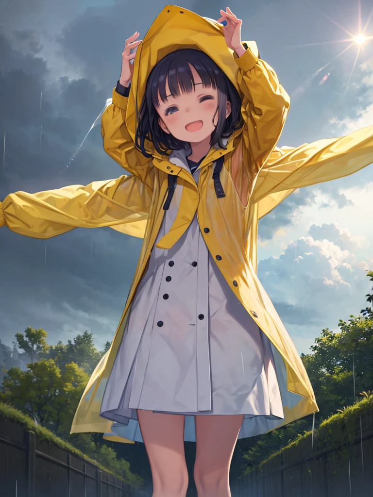 One Girl、Young Girl、heavy rain、Wearing a long yellow raincoat、Put a raincoat parka over your head、Looking up at the sky、laughing、garden、Open your arms、Angle from below、The light is shining through the clouds、Spinning Girl、