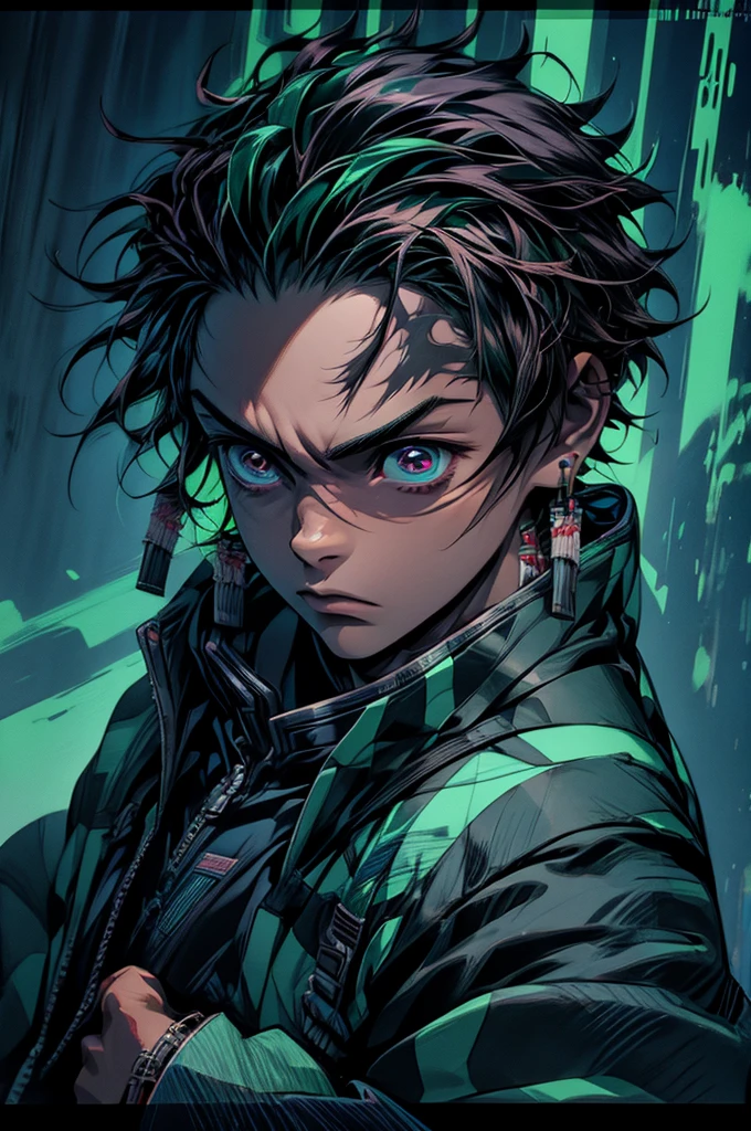 tanjiro, 1male, 1boy, samurai, wearing a green cyberpunk jacket, blue sword, cyberpunk theme, 4k, ultra sharp