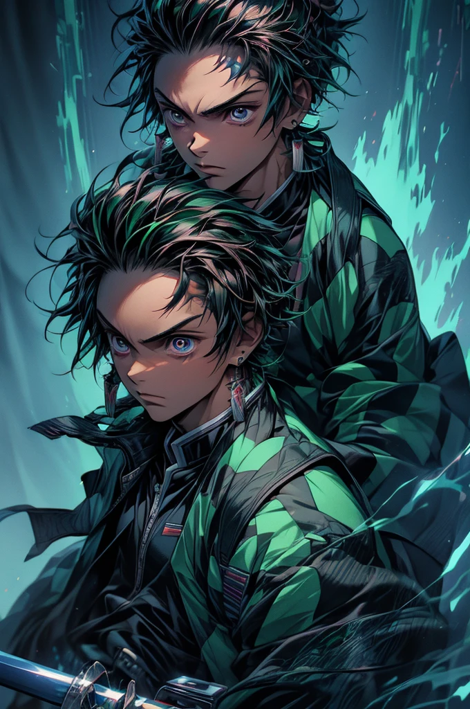 tanjiro, 1male, 1boy, samurai, wearing a green cyberpunk jacket, blue sword, cyberpunk theme, 4k, ultra sharp