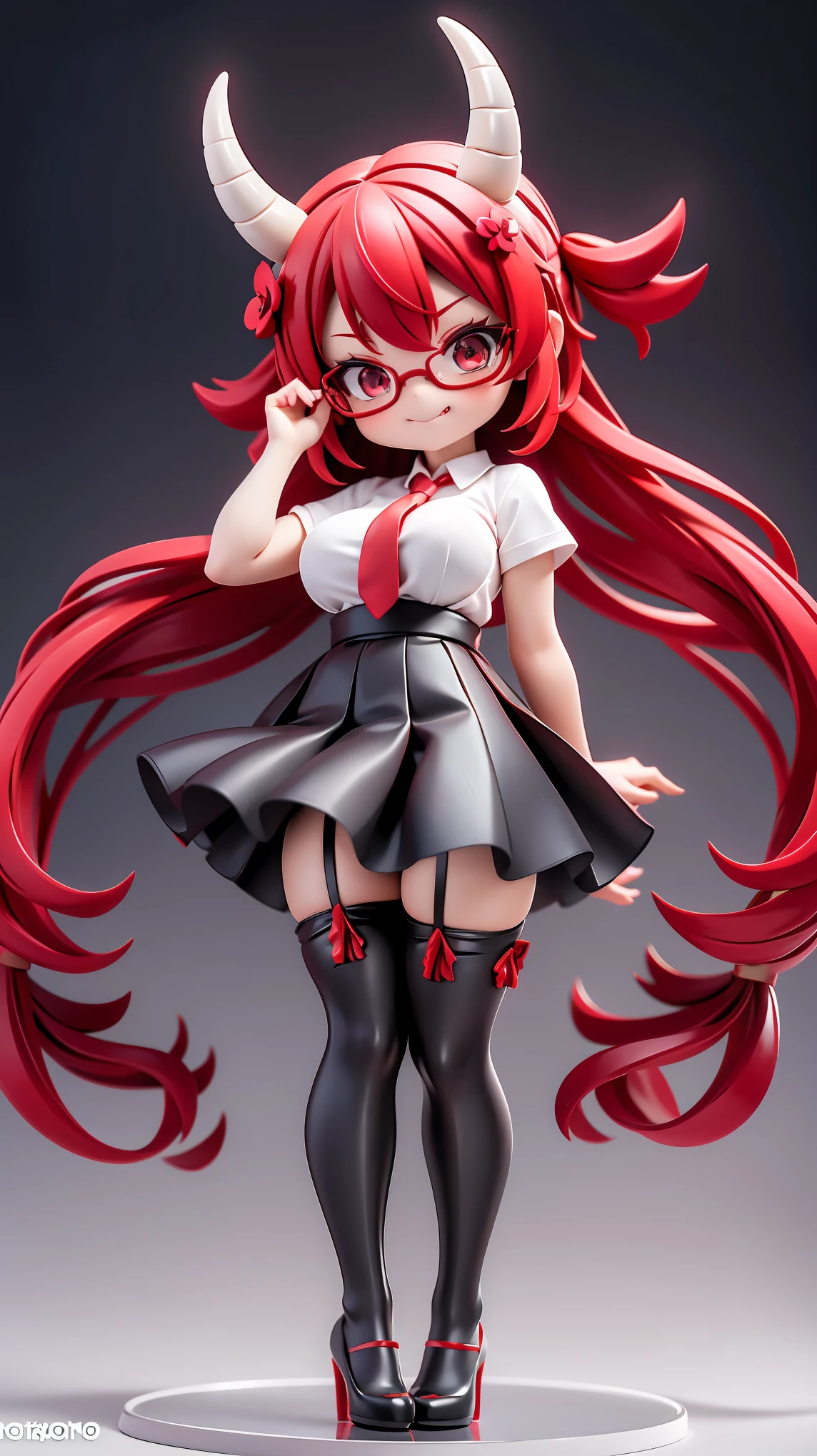 work, best quality, girl, red demon, oni, horns, little devil, a little scary, spooky, long hair alternative, bob hair, red hair, bow hair, aqua eyes, glasses, teacher, teacher unigorm, seductive smile, Tongue, black eyes, long eyelashes, big breasts, There is a mole on the chest, White shirt, black skirt, high heeled, shoe, period, hair ribbon, flower ribbon, hair_ribbon, hair_ribbon, hair_flower, tall, ((stockings opaque:1.4))