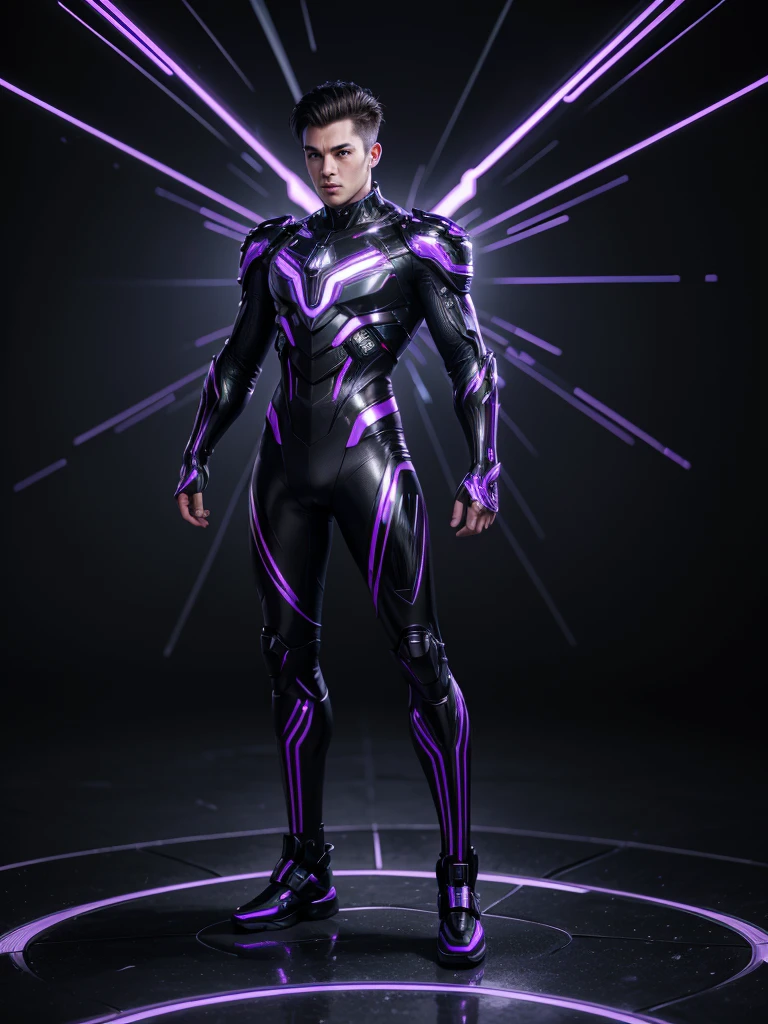 Super advanced technological metallic suit, futurist, ultra detailed 4k, black with bright purple lines, diseño futurist, full body man