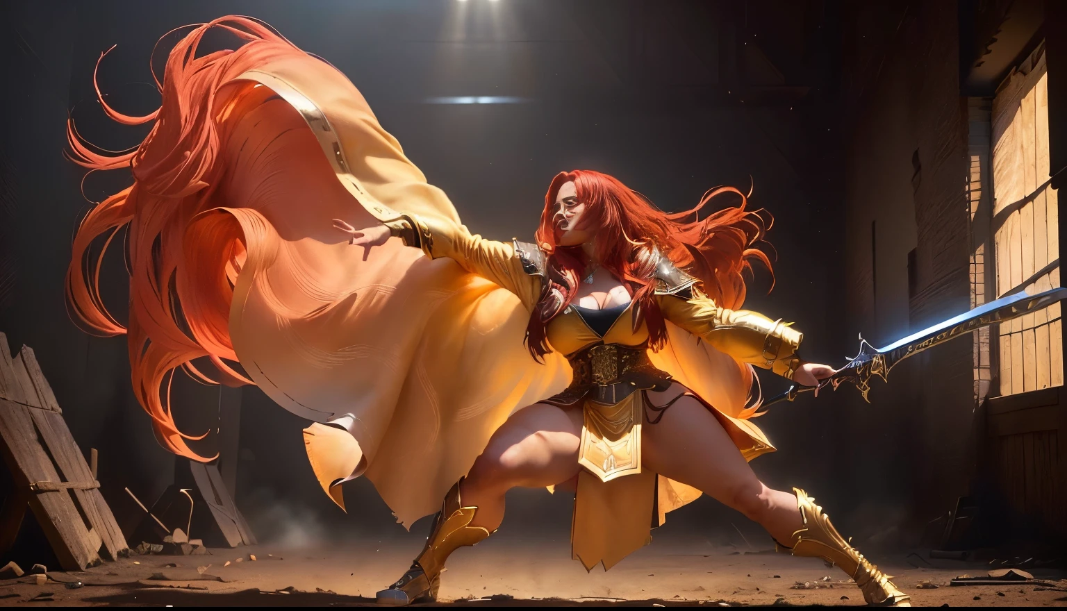 A woman with caramel skin tone, face resembles cardi b, very long two-tone red and yellow hair, curvy figure, standing on one leg in a fighting stance pointing a sword, (best quality,4k,8k,highres,masterpiece:1.2),ultra-detailed,(realistic,photorealistic,photo-realistic:1.37),portrait,full body,dynamic pose,dramatic lighting,fantasy,cinematic