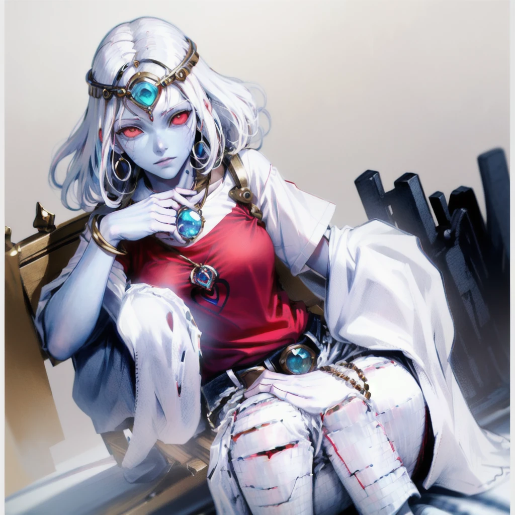best quality, masterpiece, 1girl, perfect face, detailed eyes, perfect skin, full body toe to head sitting on bench, atmospheric lighting (plain background) ((colored skin, white hair, red eyes, gem, circlet, jewelry, white T-shirt, blue jeans))