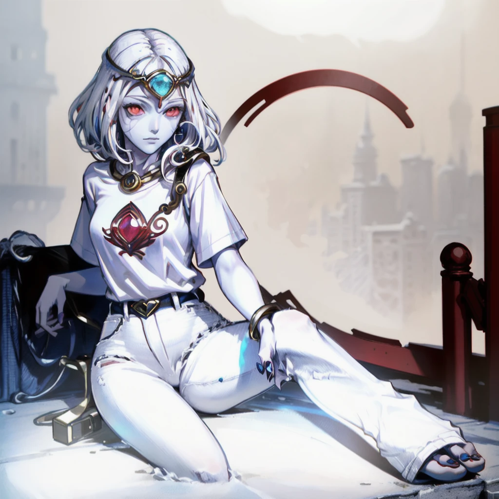 best quality, masterpiece, 1girl, perfect face, detailed eyes, perfect skin, full body toe to head sitting on bench, atmospheric lighting (plain background) ((colored skin, white hair, red eyes, gem, circlet, jewelry, white T-shirt, blue jeans))