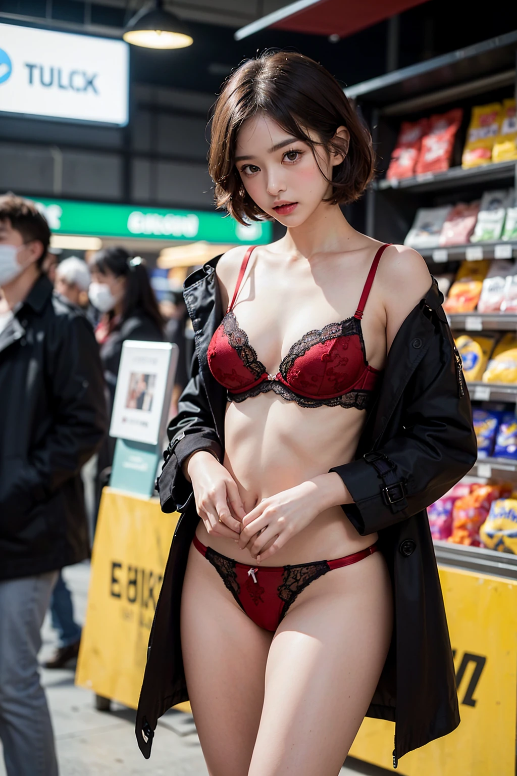 ((black&red tiny lingerie, delicate lace embroidery, very very see-through lingerie)), G-cup bust, early 30s, medium to short hair, (round face, centrifugal face), beautiful forehead, big eyes, brown hair, very cool, ((short stature, infantile build, Chubby)), whole body, ((Embarrassed expression, blushing)), cute face, (High Resolution, Highest Resolution, Ultra Definition, Masterpiece, top quality), (night, midnight, moonlight, extremely dark, no brightness, dark, crowd), ((convenience store, inside the store, crowd)), (Exhibitionist, shameful play), trying to hide your skin, masterpiece, 8k, best quality, (beautiful five fingers), best quality, masterpiece, best quality, (((NSFW))), ((faint brightnes)), ((black trench coat, hide the skin)), ((Show only to viewers, During shameful exposure play, dark pubic hair)), (dynamic angle), (black mask), (masturbation), crowd