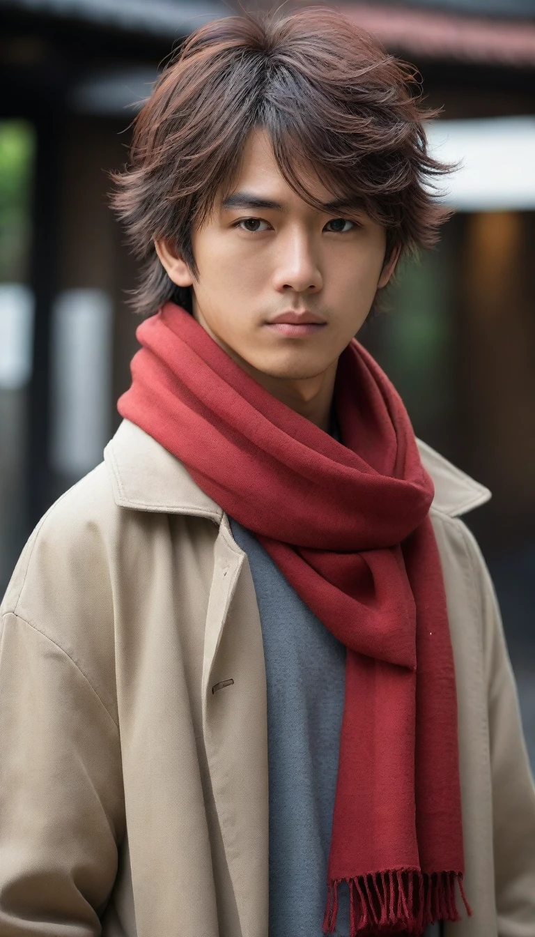 1man, perfect face, Young Japanese man wearing a red scarf and a somewhat old and worn brown jacket, best quality ,masterpiece, illustration, extremely detailed ,CG ,unity ,8k wallpaper, Amazing, finely detail, masterpiece,best quality,official art,extremely detailed CG unity 8k wallpaper,absurdres, incredibly absurdres, huge filesize, ultra-detailed, highres, extremely detailed, messy hair, japanese boy, japan young man, completely white t-shirt, battered red scarf, ryoma nagare, cream coat,18yo, 18 years old, age 18,