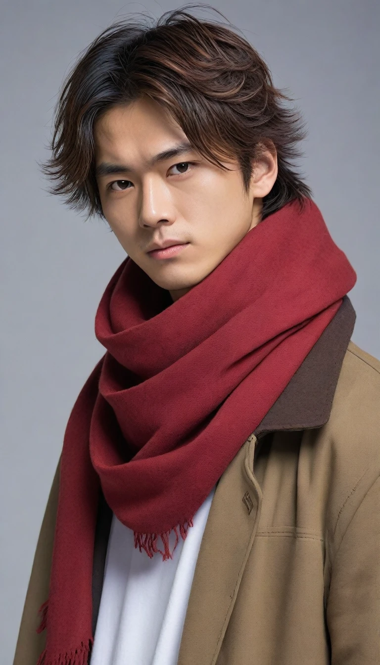 1man, perfect face, Young Japanese man wearing a red scarf and a somewhat old and worn brown jacket, best quality ,masterpiece, illustration, extremely detailed ,CG ,unity ,8k wallpaper, Amazing, finely detail, masterpiece,best quality,official art,extremely detailed CG unity 8k wallpaper,absurdres, incredibly absurdres, huge filesize, ultra-detailed, highres, extremely detailed, messy hair, japanese boy, japan young man, completely white t-shirt, battered red scarf, ryoma nagare, cream coat,18yo, 18 years old, age 18,