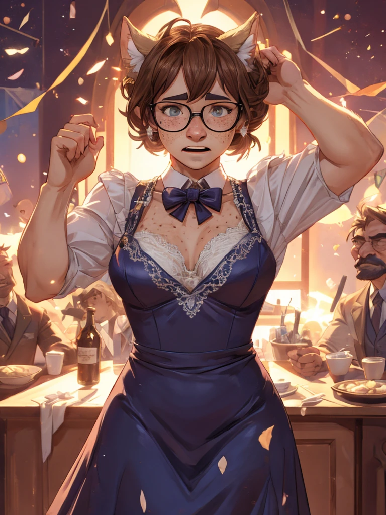 (ugly face female) , (Freckles on face:0.9) , Ugly expression , shy geek , perfect beautiful body , Voluptuous luxury party dress , clothed erotica , Chest protrusion , Awkward dancing , Itchy groin