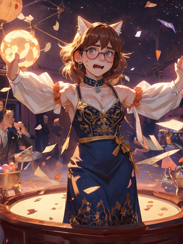 (ugly face female) , (Freckles on face:0.9) , Ugly expression , shy geek , perfect beautiful body , Too much exposed skin luxury party dress , clothed erotica , Chest protrusion , Awkward dancing , bare