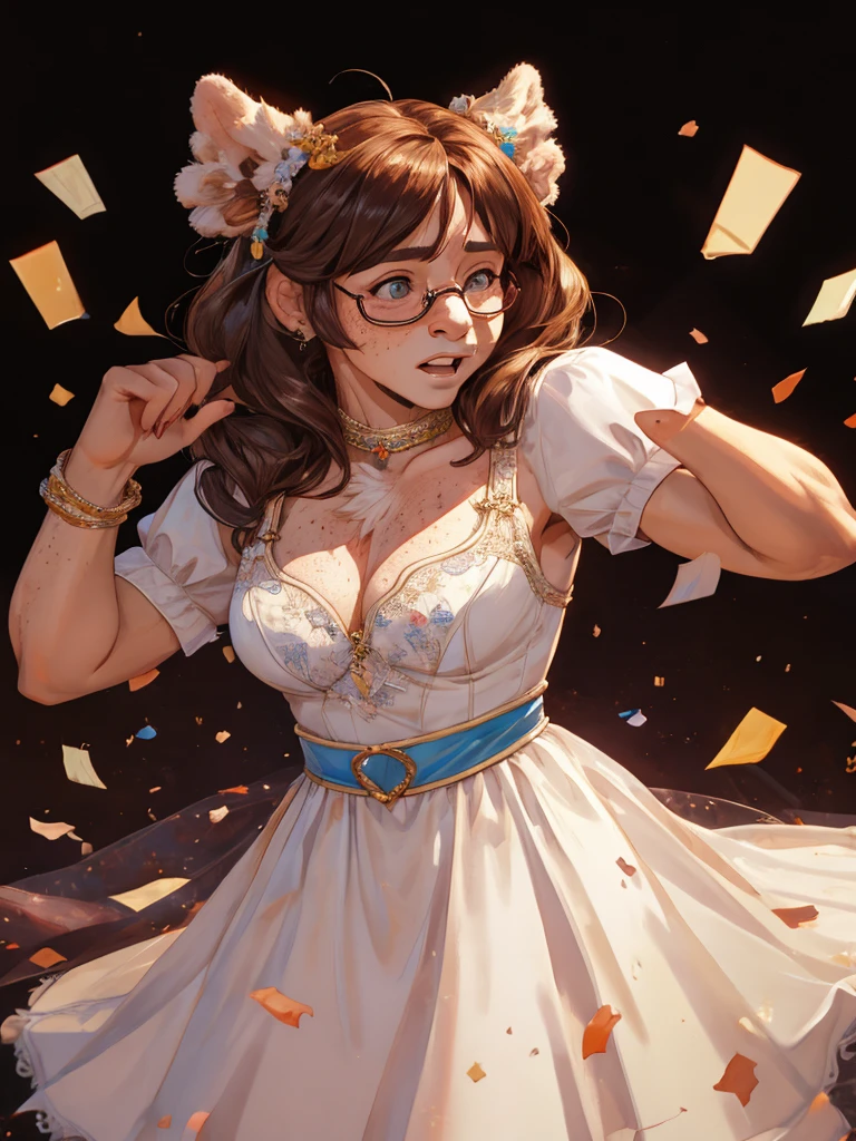 (ugly face female) , (Freckles on face:0.9) , Ugly expression , shy geek , perfect beautiful body , Too much exposed skin luxury party dress , clothed erotica , Chest protrusion , Awkward dancing , bare
