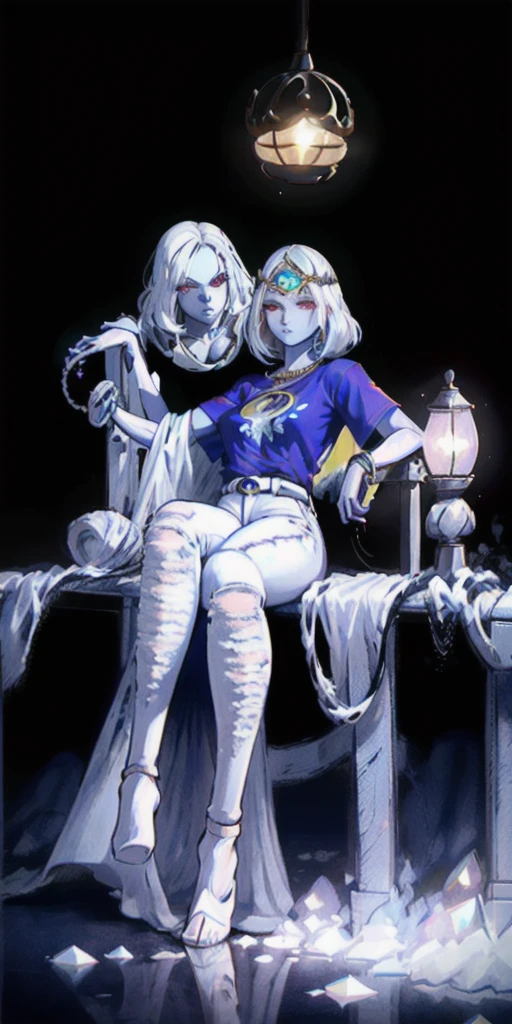 best quality, masterpiece, 1girl, perfect face, detailed eyes, perfect skin, full body toe to head sitting on bench, atmospheric lighting (plain background) ((colored skin, white hair, red eyes, gem, circlet, jewelry, white T-shirt, blue jeans))