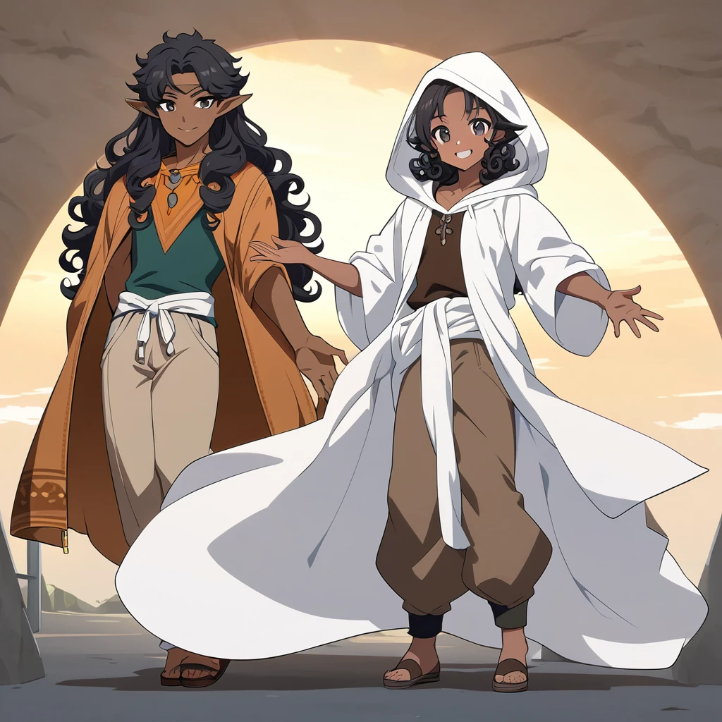 anime art style, dark elf, African skin, black hair, Curly hair, long hair, black eyes, ((man)), athletic body, Druid clothing (white hood, brown pants, white cloth on waist), full body, Extending your hand in greeting, smiling
