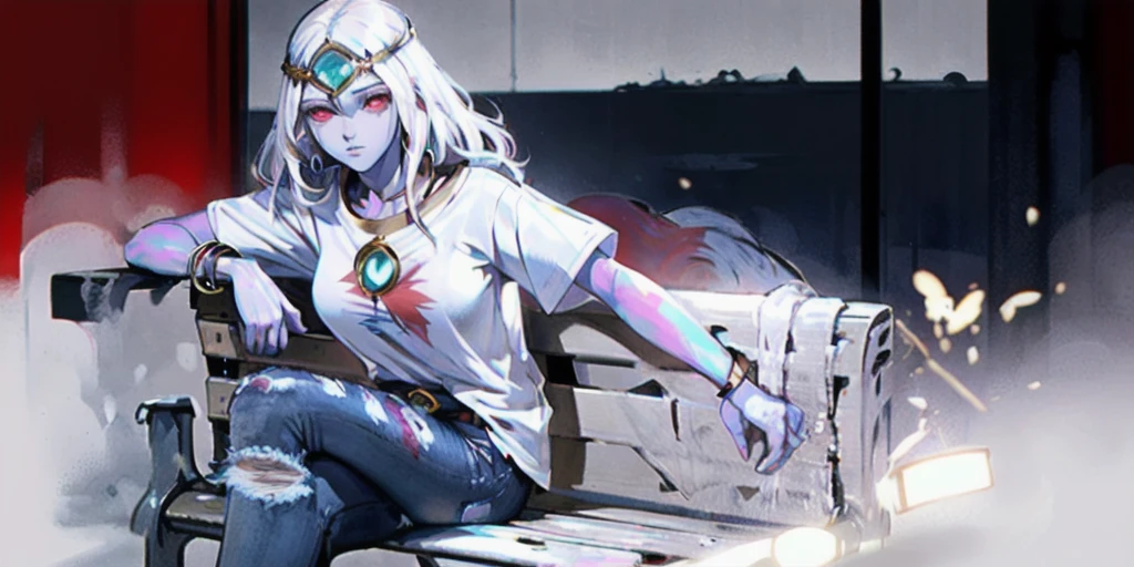 best quality, masterpiece, 1girl, perfect face, detailed eyes, perfect skin, full body toe to head sitting on bench, atmospheric lighting (plain background) ((colored skin, white hair, red eyes, gem, circlet, jewelry, white T-shirt, blue jeans))