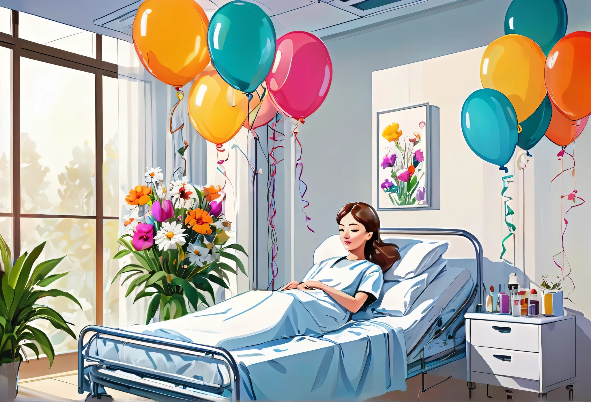 Hospital with modern design and equipment, a patient on the bed with flowers and balloons around the patient (masterpiece best quality:1.2) delicate illustration ultra-detailed, detailed background, illustrations, bright, colourful,