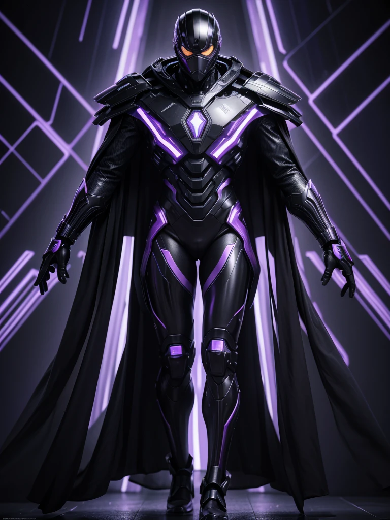 Super advanced technological metallic suit, futurist, ultra detailed 4k, black with purple lines, diseño futurist, full body man