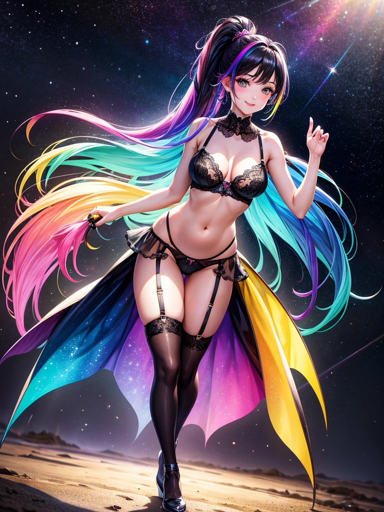 Highest quality,Highest Resolution,4K quality,Smiling beautiful girl,Full body close-up,Starry Eyes,Black hair ponytail,,Iridescent Bra,High leg,Rainbow garter belt,Rainbow colored knee-high stockings,Dark bedroom at night,Iridescent underwear,Standing posture,