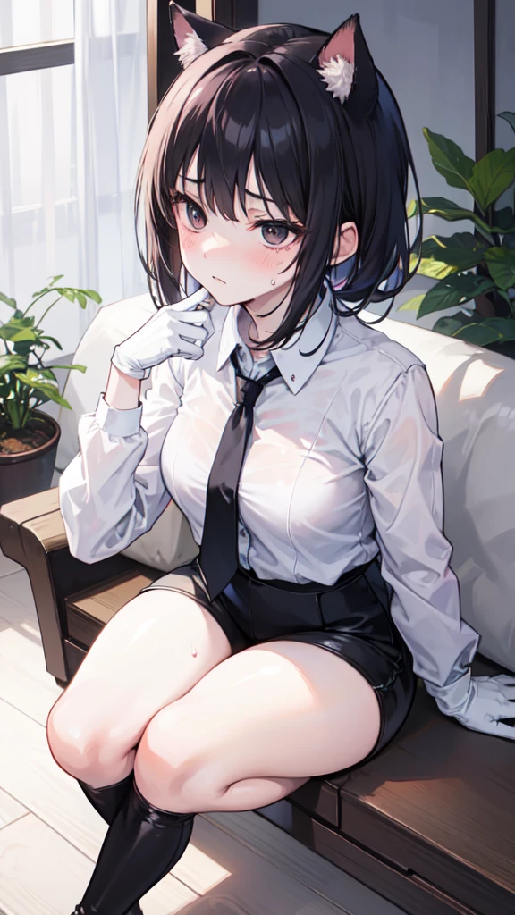 18-year-old girl,cute,Wear a white long-sleeved shirt and a black work tie,Wear black pants,Wear black booties,Wear white gloves,wear cat ear,Wearing a collar,Black hair,Black eyes,Very thin waist,Very thin legs,Handsome,Disdainful and cold expression,shy,blush,scared,Sweating,tired,Outflow semen,Is giving sexual assault,Glove removal action,pornography