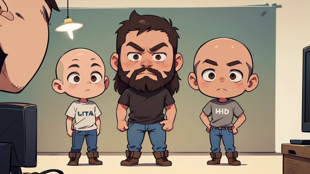 ultra HD, chibi,  one man, long face with full beard, brown eyes, bald, no hair on top of head, skinny, wearing a gray tshirt and jeans with boots, full length image, standing 