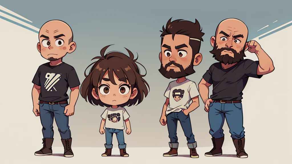 ultra HD, chibi, one man, long face with full beard, brown eyes, bald, no hair on top of head, skinny, wearing a gray tshirt and jeans with boots, full length image, standing