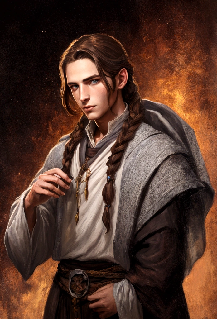 portrait art, young sorcerer, thin face, half a turn, brown hair with one waist-length braid, no beard, grey eyes, medieval era fantasy