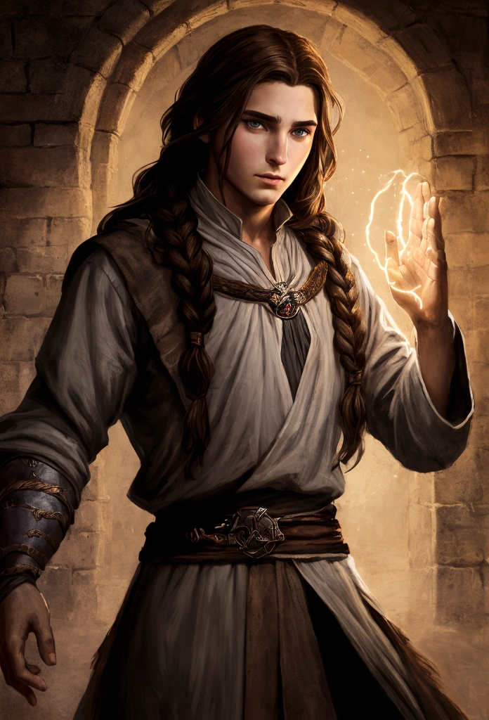 portrait art, young sorcerer, thin face, half a turn, brown hair with one waist-length braid, no beard, grey eyes, medieval era fantasy