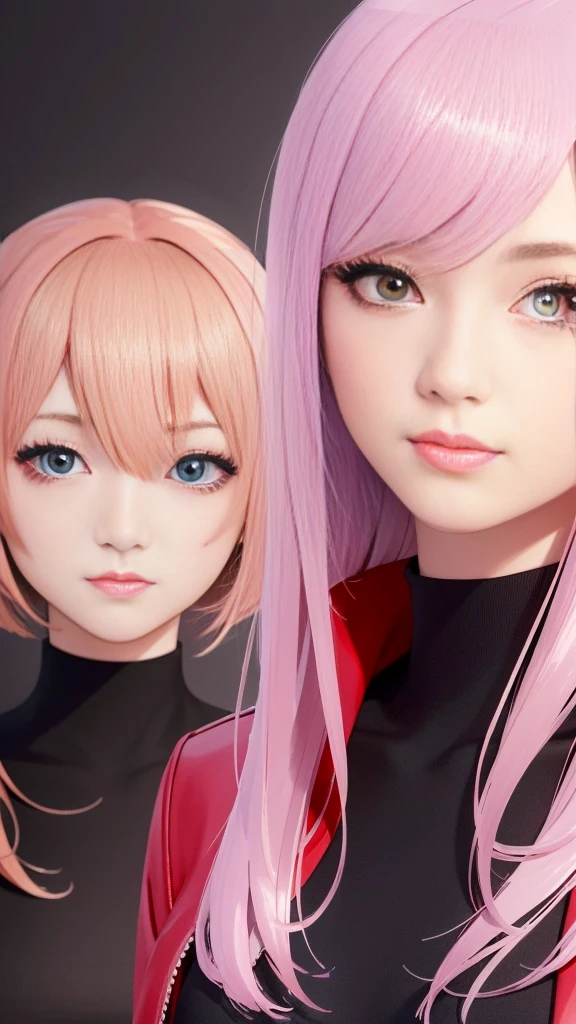 Close-up of two women with pink hair and red jackets, anime realism style, unreal 5. RPG portrait, cgsociety portrait, realistic art style, Smooth anime CG art, Photorealistic anime girl rendering, Realistic anime 3d style, loss draw 1. 0, realistic 3d animation, art germ ; 3d unreal engine, realistic anime art style,The background is space,