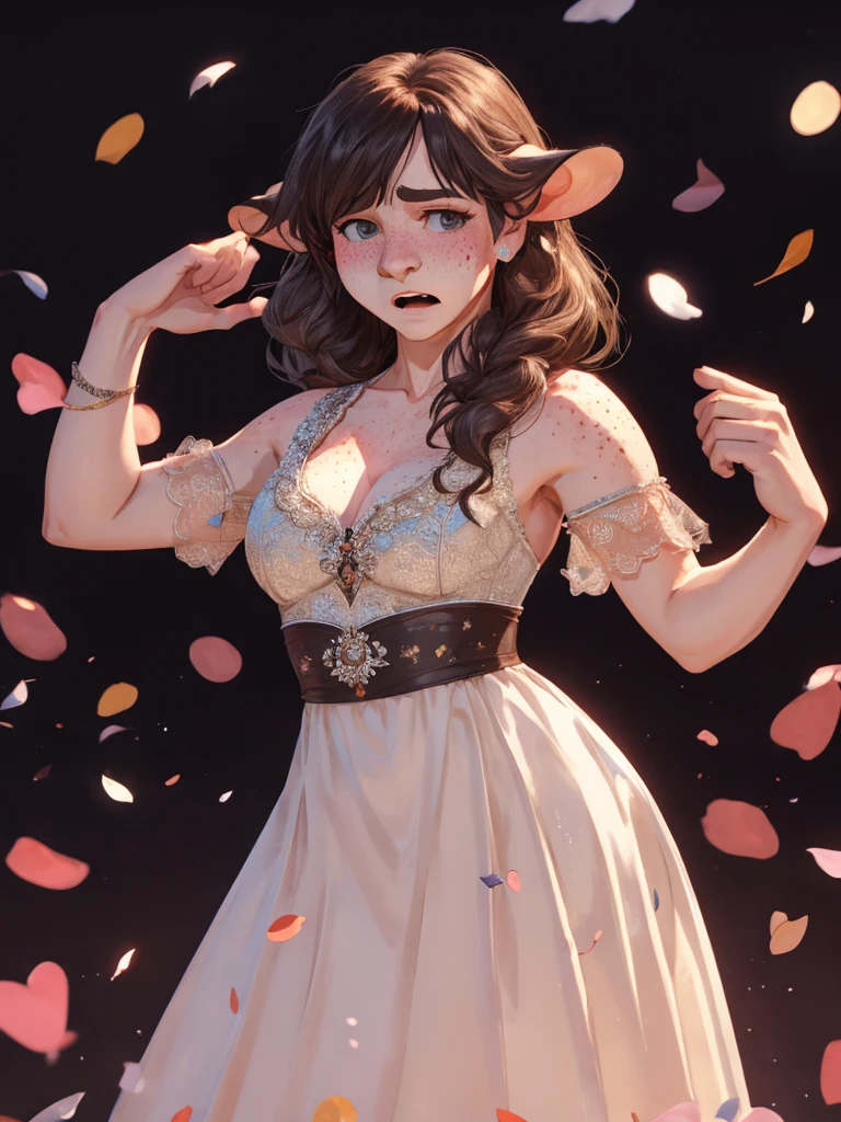 (ugly face female) , (Freckles on face:0.9) , Ugly expression , shy , perfect beautiful body , Too much exposed skin luxury party dress , clothed erotica , Chest protrusion , Awkward dancing , bare