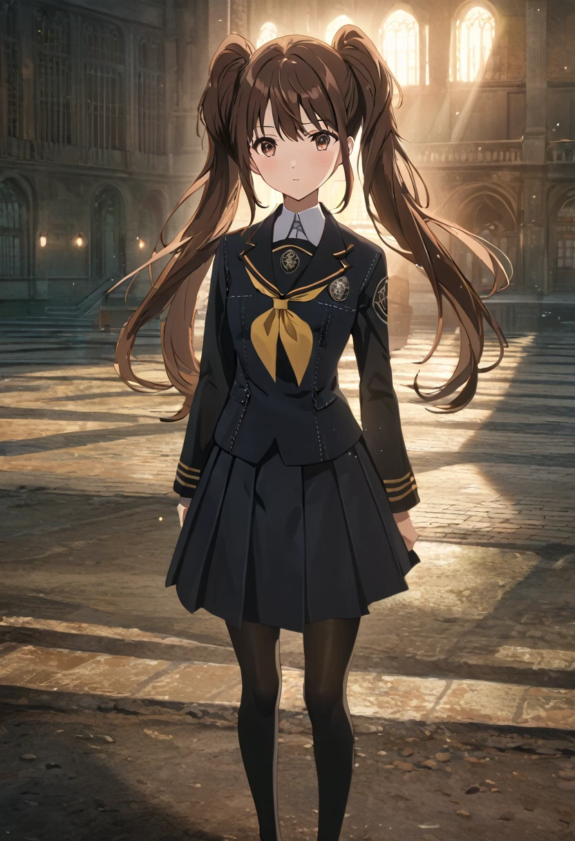 ,(upperbody:1),dsrise, brown hair, long hair, twintails, brown eyes, yasogami , serafuku, black thighhighs, 1girl, solo ,standing, school,ground, (cinematic), anime screencap:0.8, official art, masterpiece, best quality,UHD,HDR,intricate detailed,aesthetic,very aesthetic,,