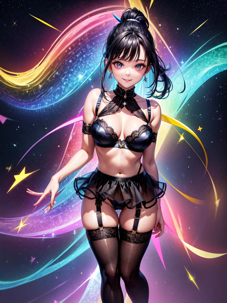 Highest quality,Highest Resolution,4K quality,Smiling beautiful girl,Full body close-up,Starry Eyes,Black hair ponytail,,Iridescent Bra,High leg,Rainbow garter belt,Rainbow colored knee-high stockings,Dark bedroom at night,Iridescent underwear,Standing posture,