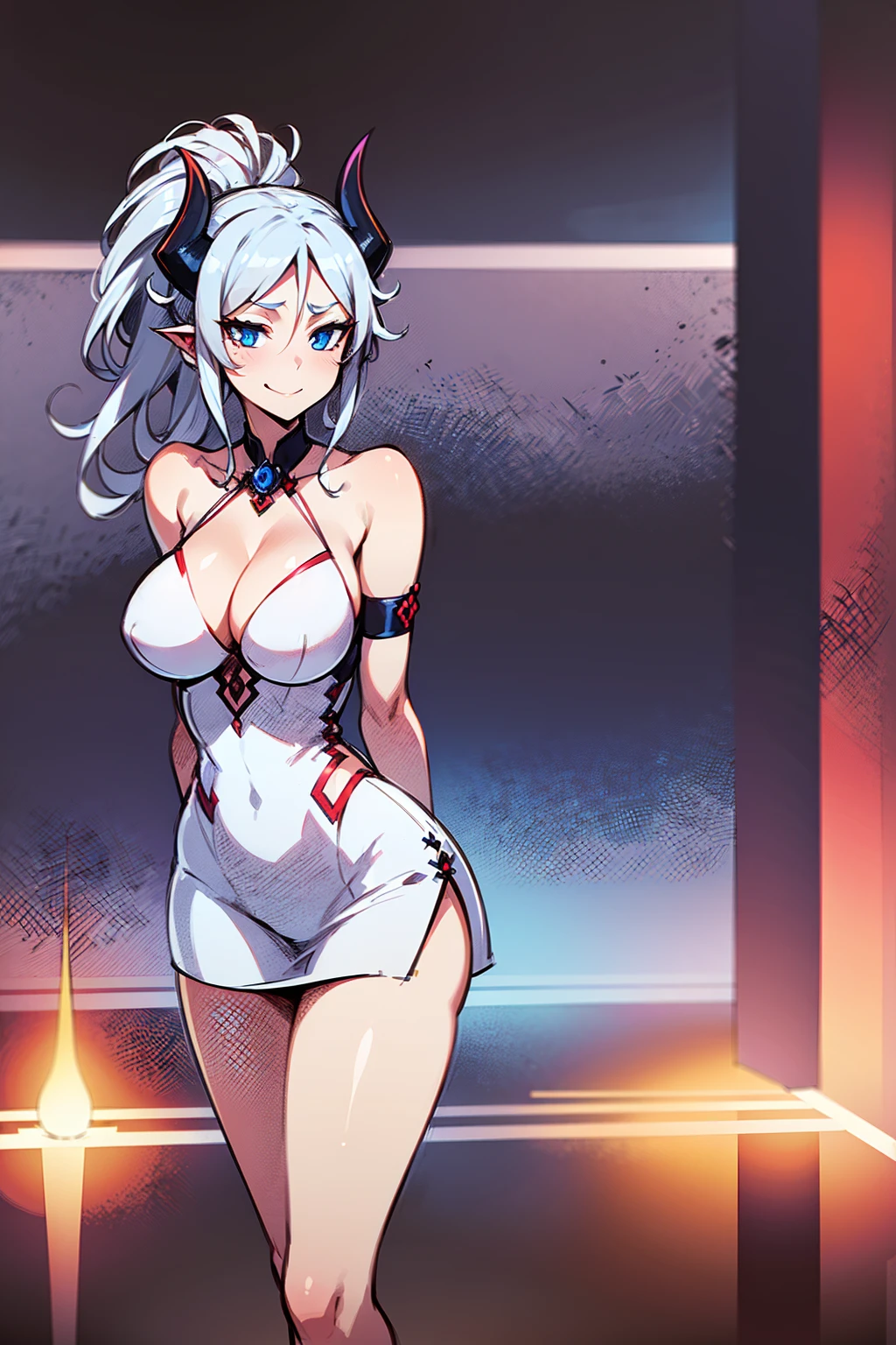 (((1 demoness))), ((detailed blue eyes)), ((long silver hair)), large breasts, curvy hips, perfectly drawn body, seductive smile, white dress, adorned with blue roses, casting spells, best quality, masterpiece, ultra-detailed