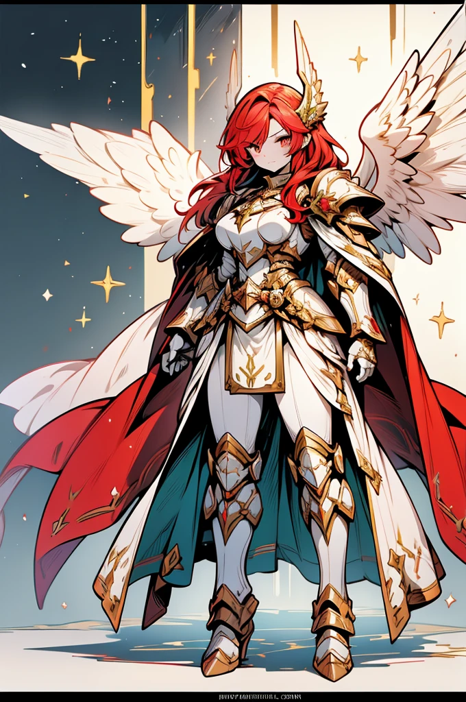 female archangel valkirie knight, full body art, red hair, white skin, emerald eye, knight full plate adorned armor, white cape, perfectly detailed, angel long adorned wings.