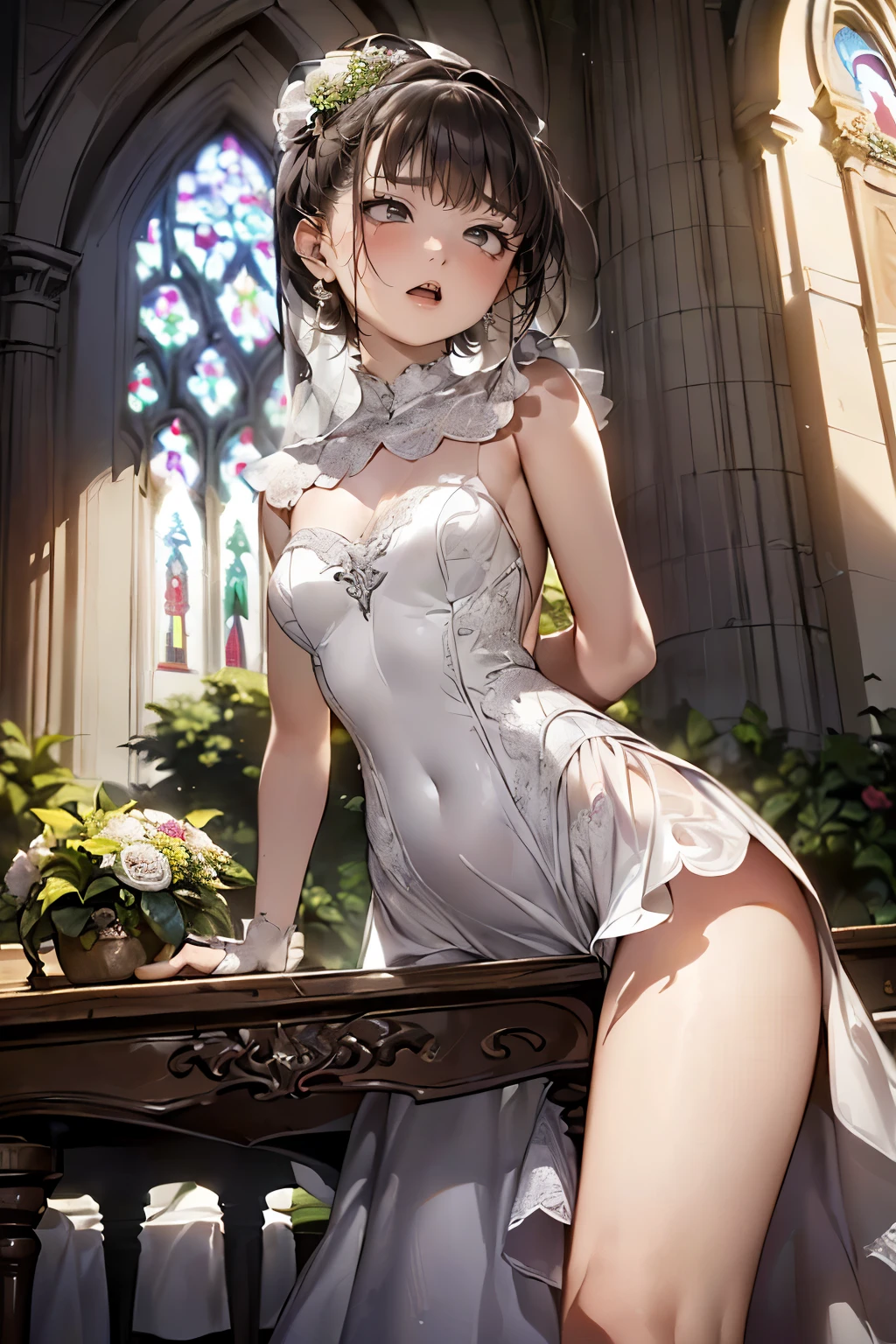 angle from side below, (((round face))), drooping eyes, tiny earrings, ((bride, white wedding dress, ((standing and straddling to hit her crotch area against a corner of the table for masturbation while hiding her crotch with dress)), open mouth, plants, in the garden in front of a church, 