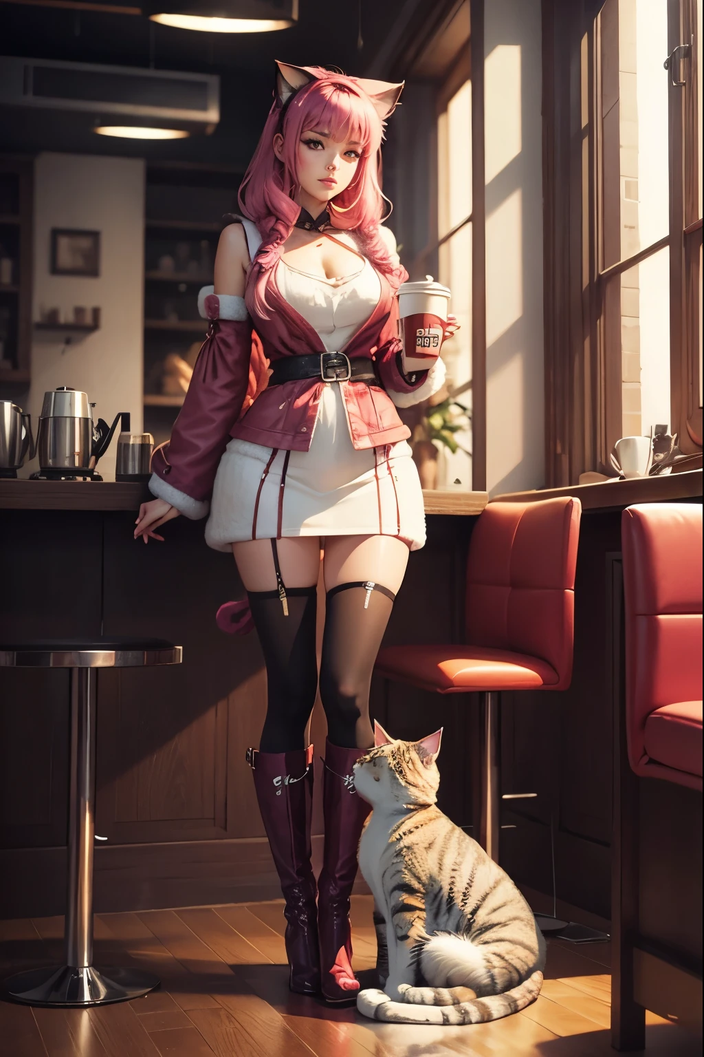 (((berrypunk))), beautiful woman tall boots, (((fluffy cat and coffee))), vibrant manga realistic anime style, beautiful pose, Cyberpunk Cafe