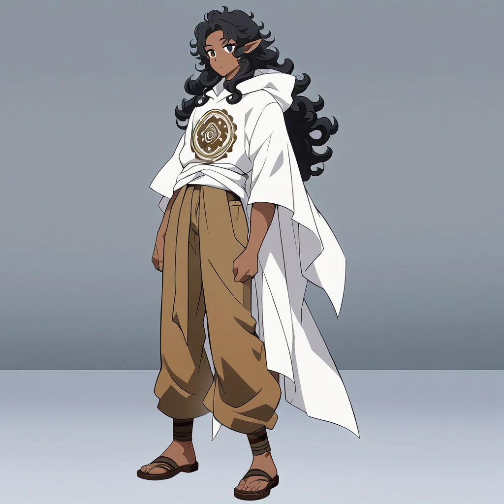 anime art style, dark elf, African skin, black hair, Curly hair, long hair, black eyes, ((man)), athletic body, Druid clothing (white hood, brown pants, white cloth on waist), full body