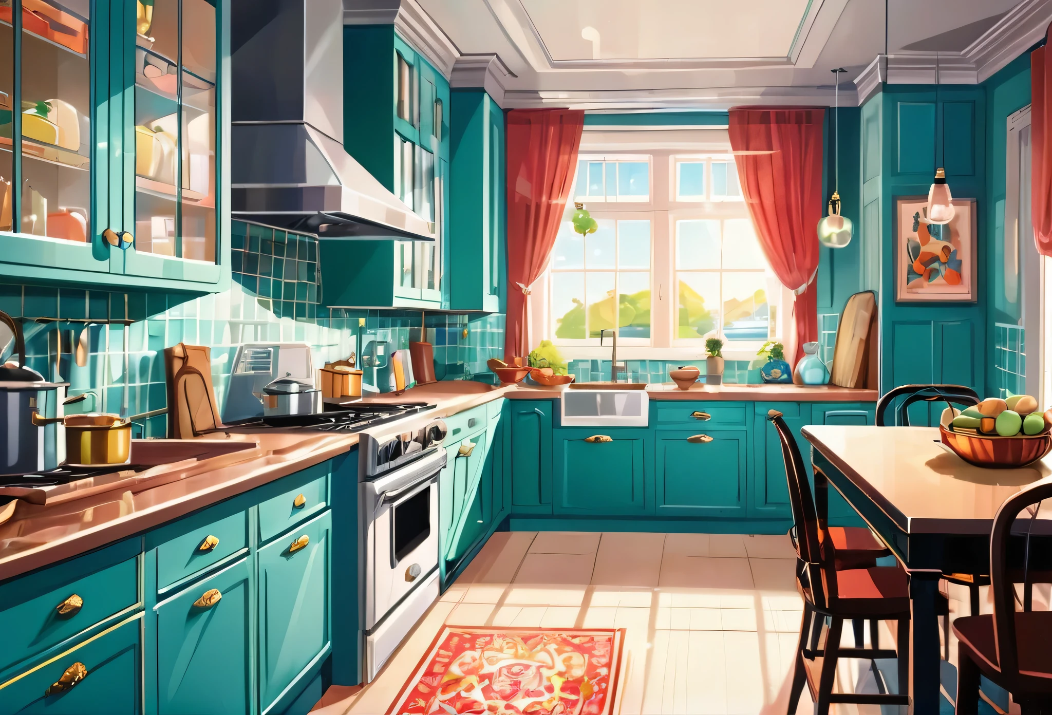 A beautiful kitchen, big, spaceus, modern, (masterpiece best quality:1.2) delicate illustration ultra-detailed, (disney-related event) indoor, detailed background, illustrations, bright, colourful,
