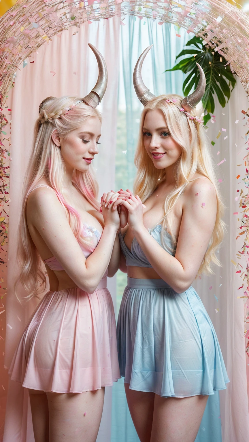 Confetti photography, Two blonde curvy girls(very busty, very pale skin(porcelain skin), Long platinum-blonde-hair(styled combed-back, with big intricate devil-horns)), Dressed in a sultry demonic-inspired (pastel blue/pastel pink) outfit(semi-transparent and features soft, flowing fabric that adds to her gentle and innocent appearance). They are depicted making a classic "kawaii" pose with their hands(One hand is placed under her chin in a V shape, and the other hand is raised slightly)-their fingers near her face. Standing with one leg slightly bent and the other straight. their ankles are turned outward and her toes are pointed downward. sunnylight through sheer curtains framed the photography, they are surrounded by lush plants. ((Add confetti(in vibrant colors)to create a celebratory and festive atmosphere.)) . Vibrant, light-orange and bright-pink (neon colors), orange and pink ambient theme.